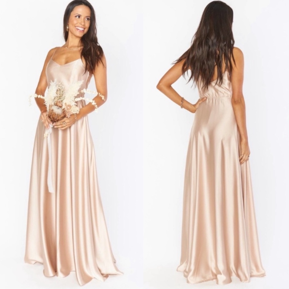 Show Me Your Mumu Faith Maxi Dress in Champagne Luxe Satin XXL